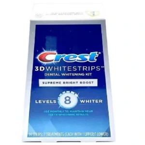 Box of Crest Supreme Bright Boost Whitening Strips on a clean background, highlighting its features for professional-level teeth whitening.