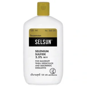 120ml Selsun Selenium Sulfide 2.5% dandruff shampoo bottle on a white background.